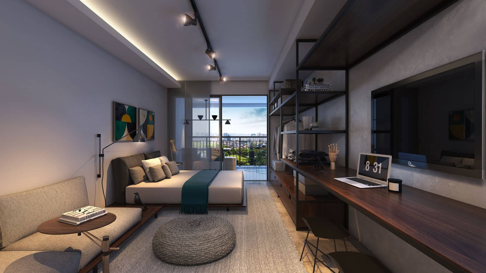 Perspectiva ilustrada do living de 33m² no Trends Brooklin 